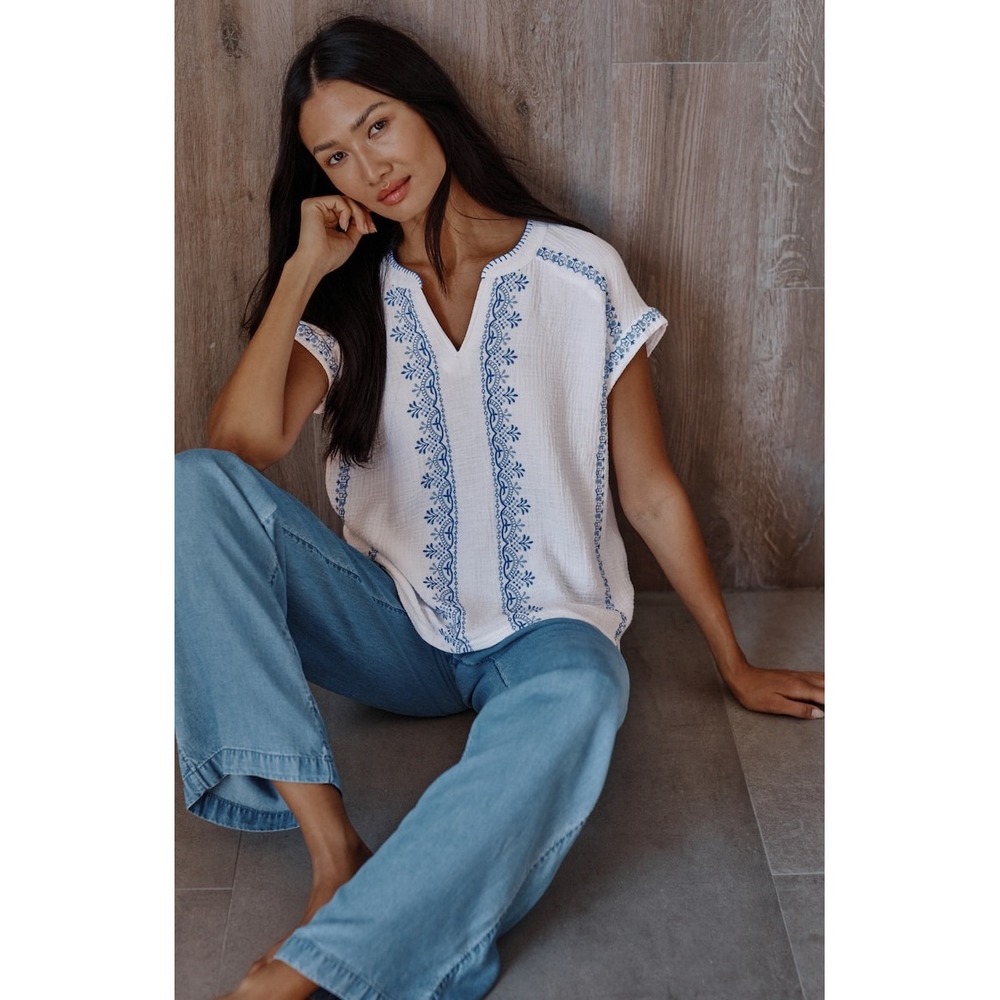 J Jill Pure Jill Cotton Gauze Embroidered Top Women 3X White Blue Boho Festival